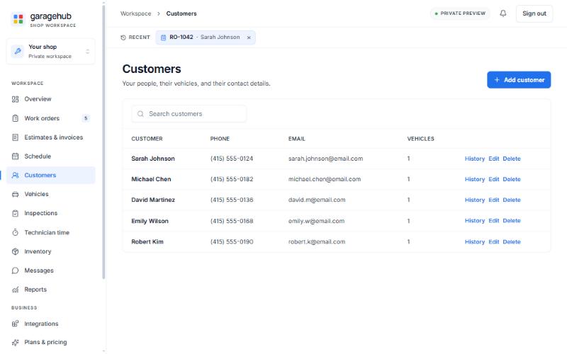 Customers list with name, phone, email and vehicle count for each customer, and History, Edit and Delete actions on every row