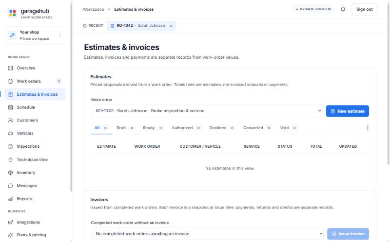 Estimates and invoices page with the work-order selector, status tabs from Draft to Void and the Issue invoice control, before any estimate has been created