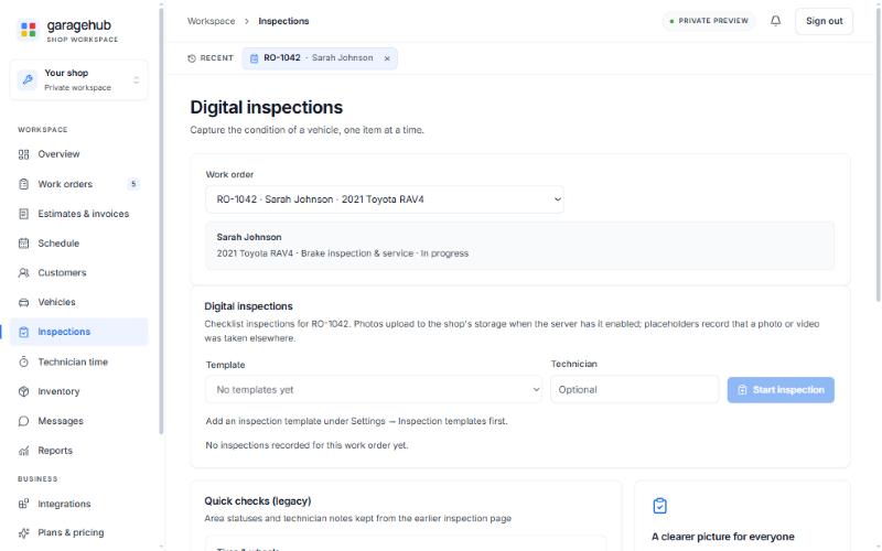 Digital inspections page for work order RO-1042 with template and technician fields and a Start inspection button, before any inspection has been started
