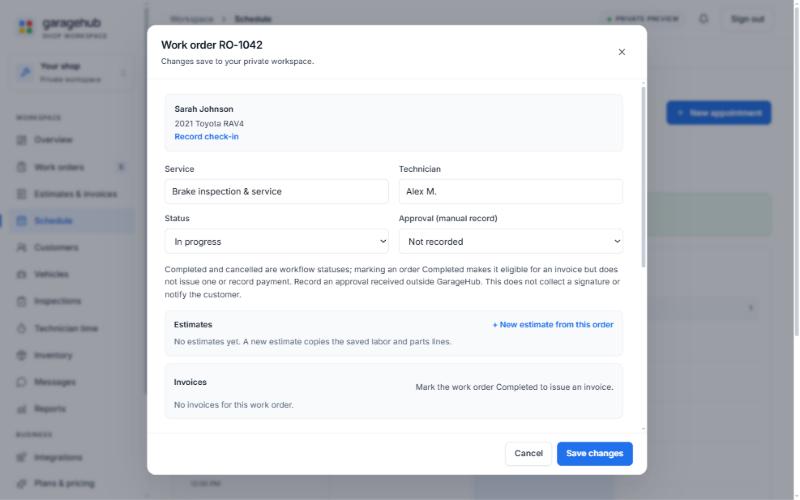 Work order RO-1042 editor with service, technician, status and approval fields, plus the Estimates and Invoices panels